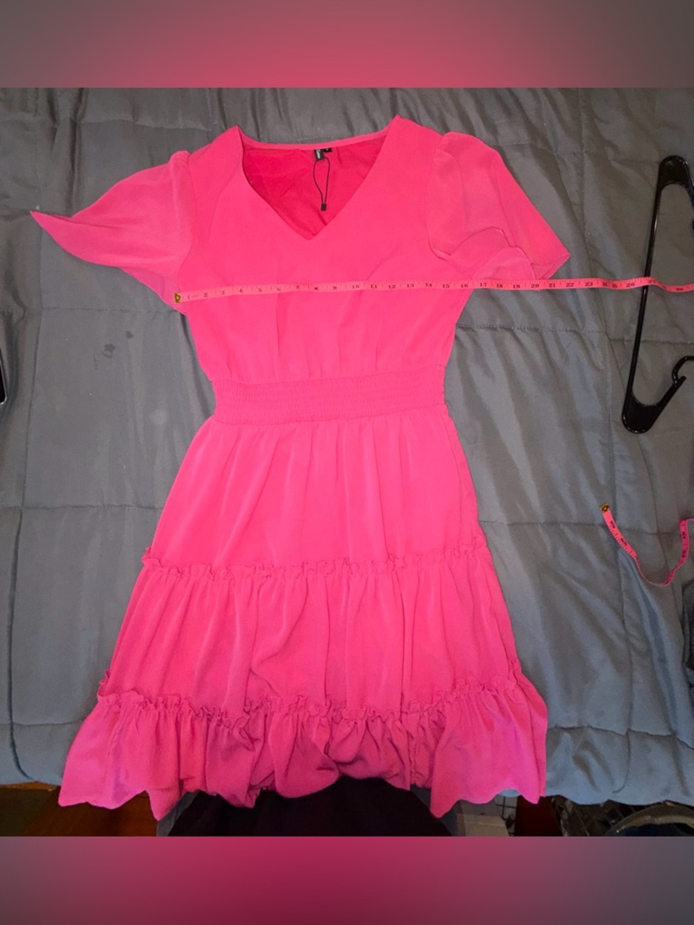Zattcas Hot Pink Ruffle Tiered Dress Size Small | Flutter Sleeve - Picture 5 of 7